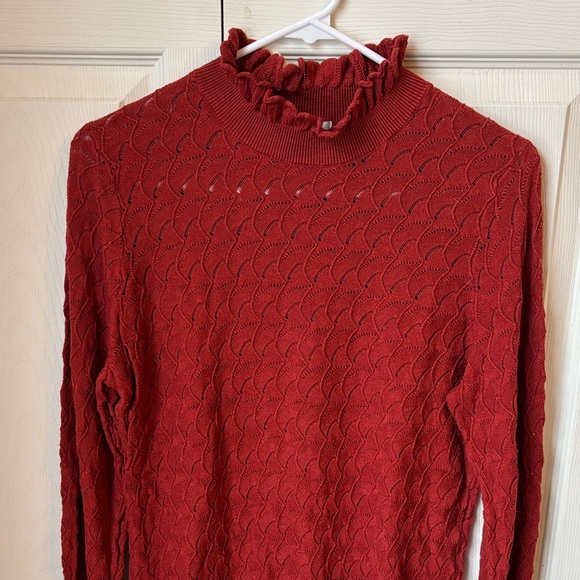 Sundance Frances Ruffle Turtleneck Sweater Scallop Pointelle Knit Rust Orange LG - Picture 3 of 11